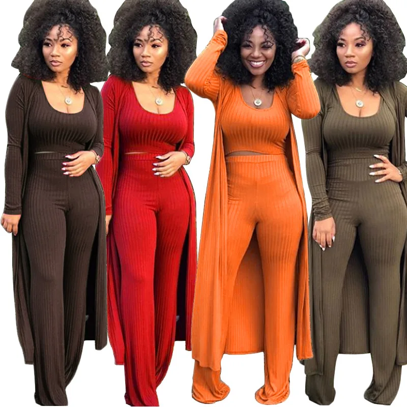 

Trending Solid Casual Long Coat Woman Outfits Pants Set Ribbed Knit 3 Piece Set Women Clothing Plus Size Fall 2022 Women Clothes, 14 colors