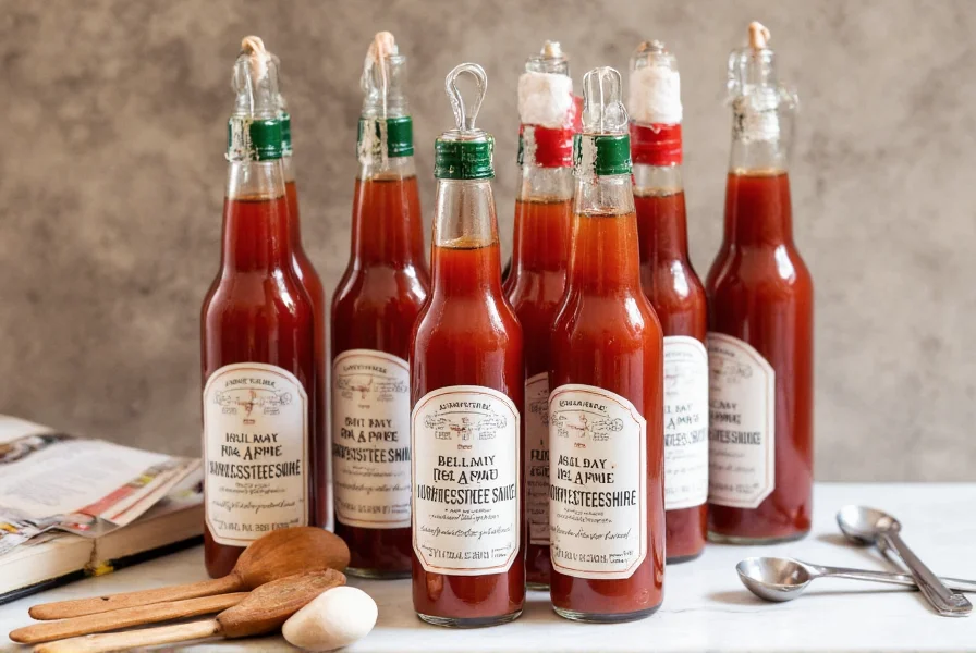 Various red pepper Worcestershire sauce bottles displayed on kitchen counter with measuring spoons and recipe book