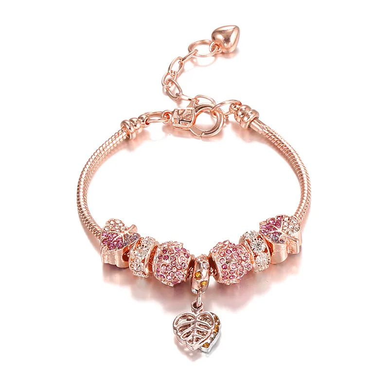 

Leaf Pendant Jewelry Lobster Clasp Bracelet Rose Gold Ladies Bracelet Crystal Beaded Charm Bracelets Bangles For Women