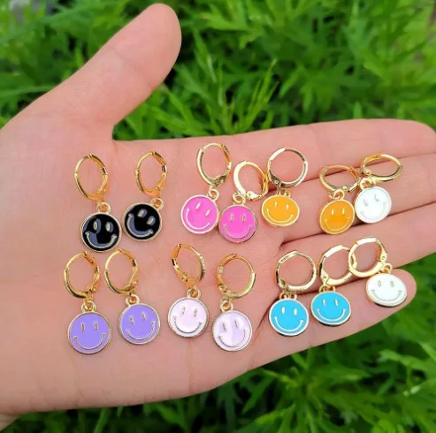 

Hot Selling Girls Colorful Gold Plated Jewelry Alloy Enamel Smile Face Charms Hoop Earrings And Pendant Necklace Jewelry