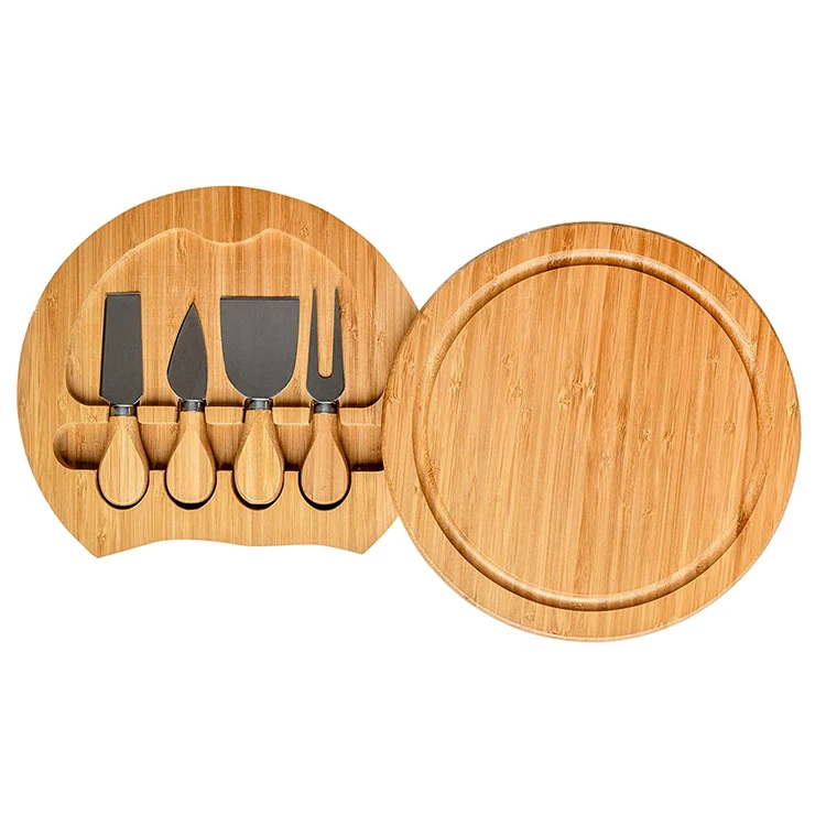 

Bamboo Cheese cutting Board Set With 4 Stainless Steel Knife and wooden handle, Natural bamboo color