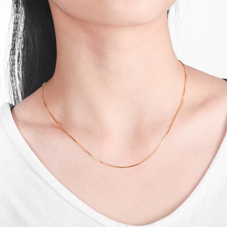 
18K solid gold chain jewelry 0.8mm real yellow gold box links chain necklace for woman 
