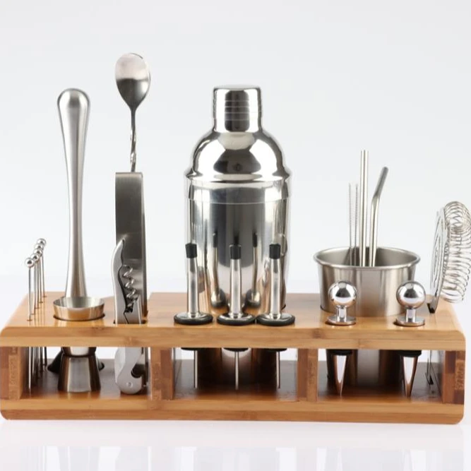 2019 amazon hot sale stainless steel mini metal cocktail shaker set bartender kit with wood stand