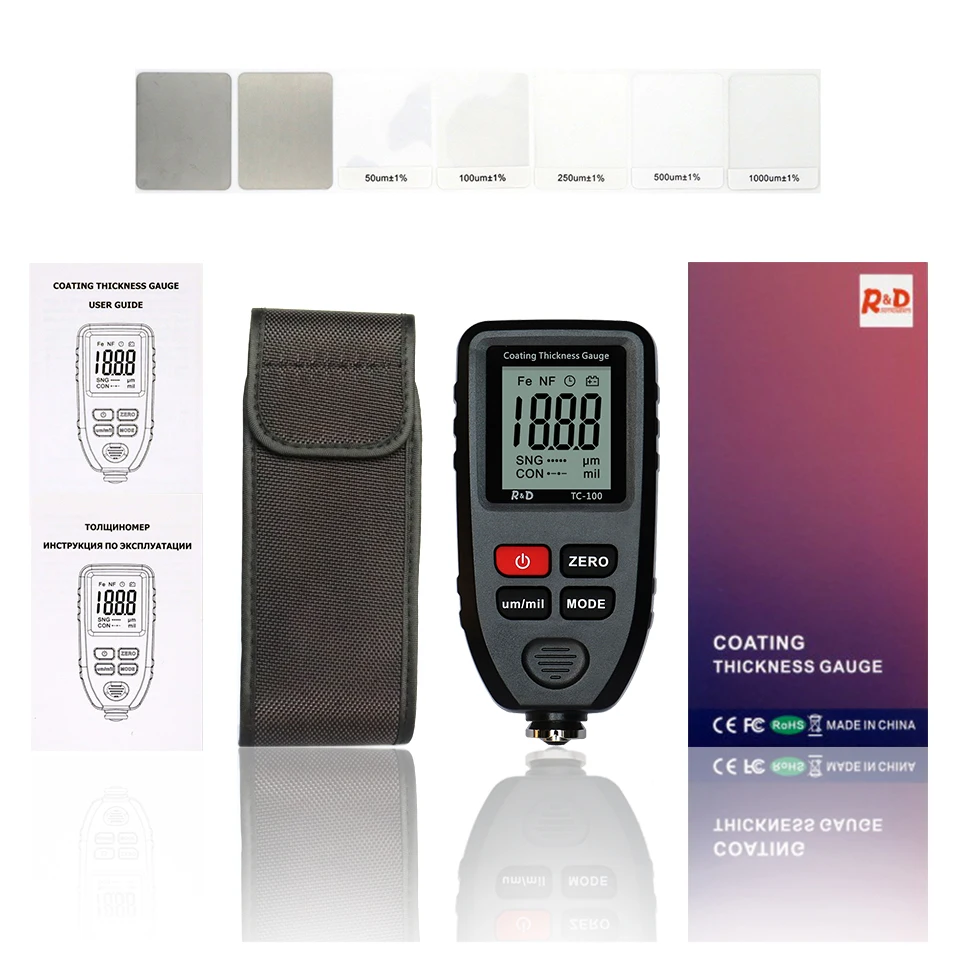 
R&D TC100 Coating Thickness Gauge 0.1micron/0-1300 Car Paint Film Thickness Tester Measuring FE/NFE Russian Manual Paint Tool 