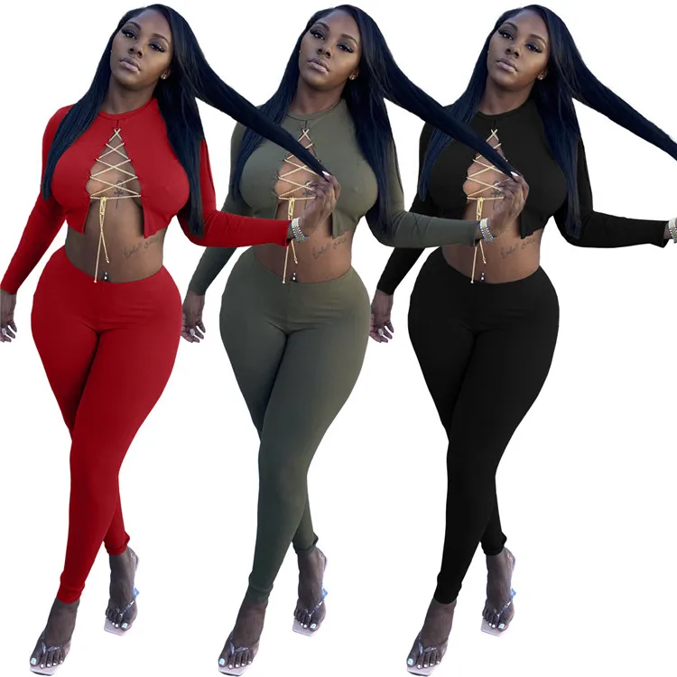 

LvCong Wholesale custom logo pants women bodysuit clothing hollow out autumn bandage sexy two piece set