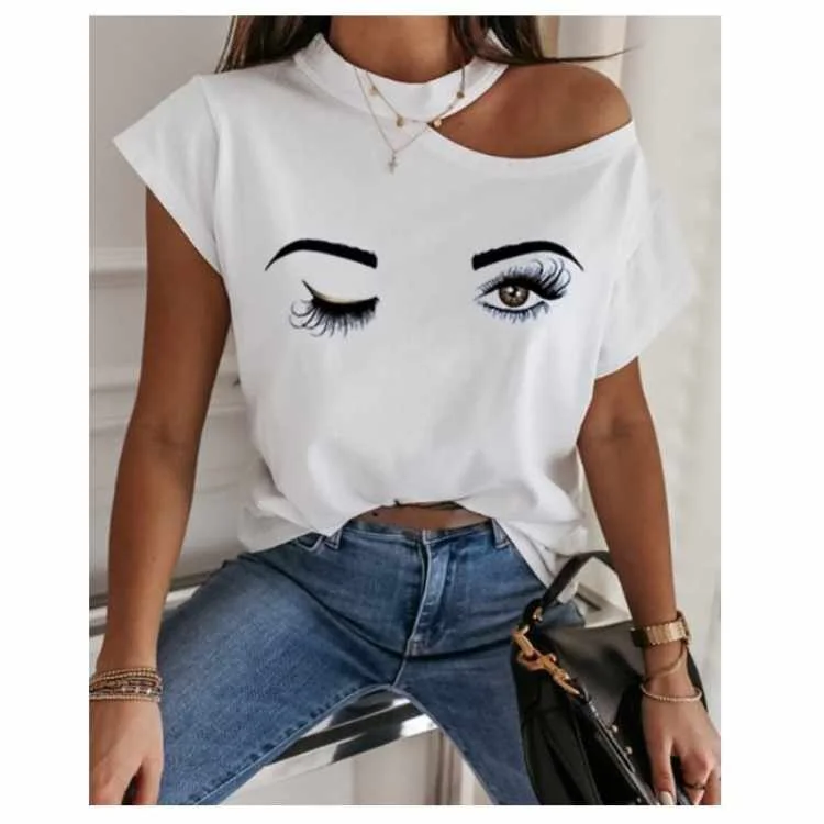 

Summer new popular casual T-shirt alphabet print off shoulder top for women