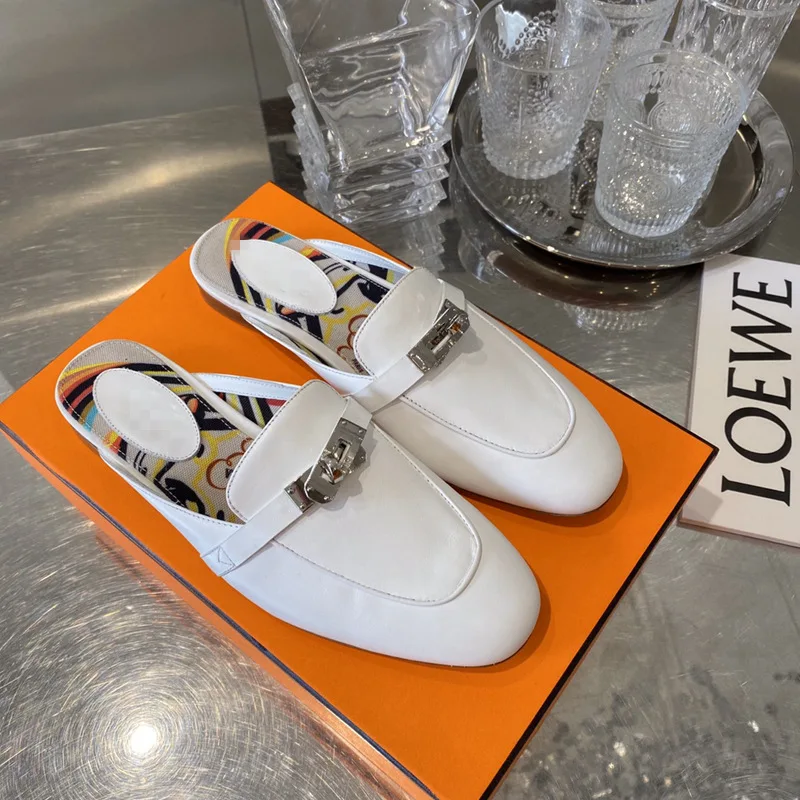 

European and American H lady leather covered head half slippers round head flat single shoe women