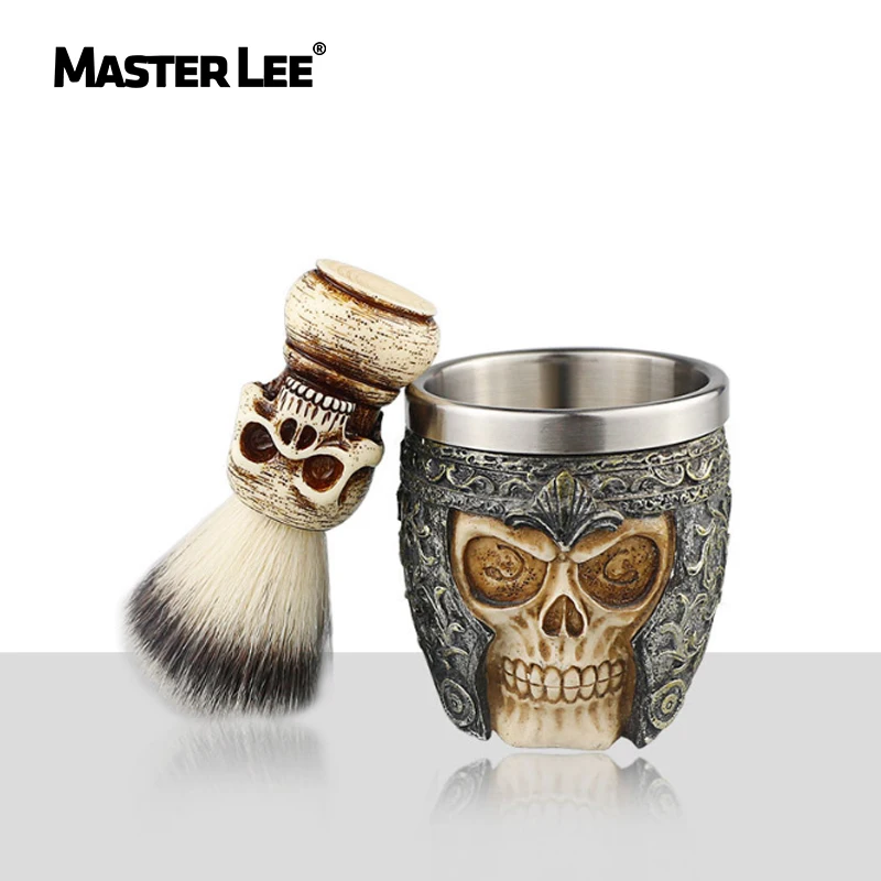 

Masterlee Beard Shaving set Skull Head Handle Badger Shaving Brush and Armor Bowl for men, Wood color