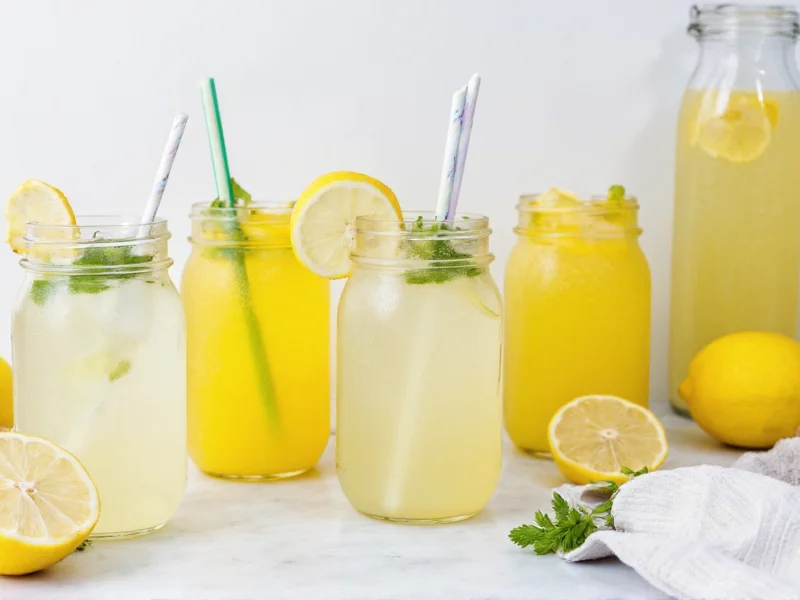 Variety of lemonade serving options in mason jars with garnishes