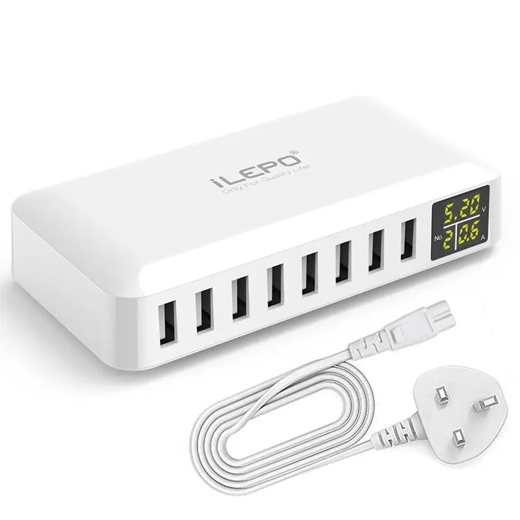 

ILEPO Customize USB Charger 8 Port output 5V 40W 8A Multiple Device With LED displayer multi port usb charger, White