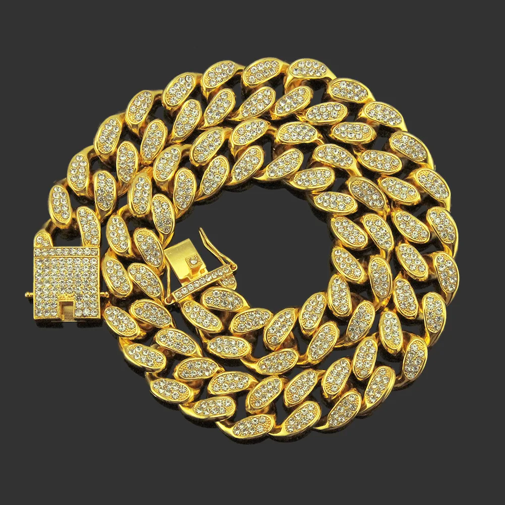 

20mm Luxury Men's Hiphops Rap Jewelry 18K Gold Plated Pave Full Crystal Rhinestone Miami Cuban Chain Necklace