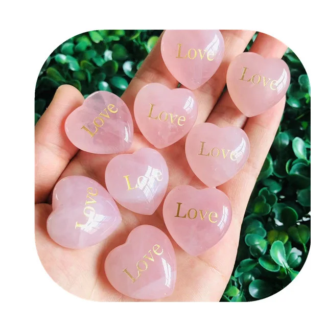 

New arrivals carved love crystal crafts natural pink rose quartz heart shaped stone with love runes for gift
