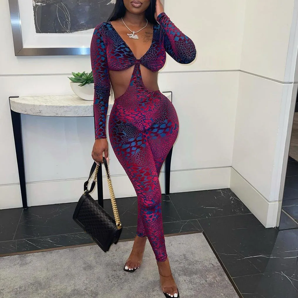 

FS5114D sexy women Fall Casual One Piece long sleeve prints Jumpsuits