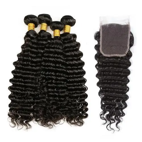 

10A Deep Wave Curly Human Hair 3 Bundles with 4x4 Lace Closure Raw Brazilian Virgin Hair Mink Cuticle Aligned Human Hair Vendors, Natural colors