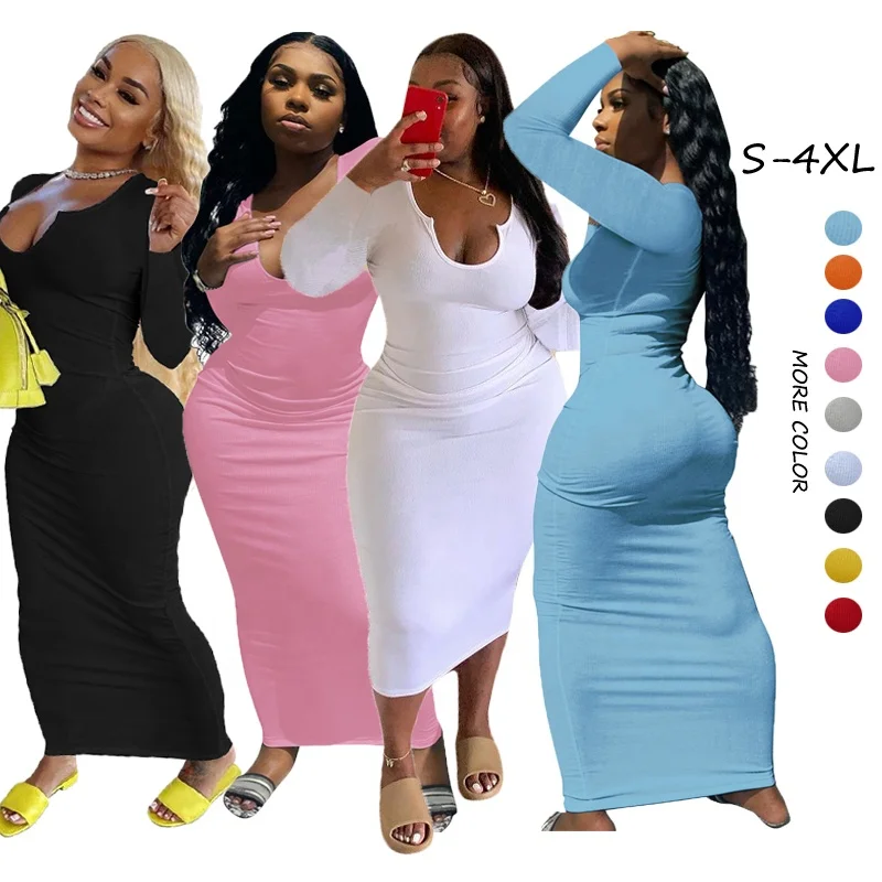

2021 Fall Rib Knit Long Sleeve Bodycon Tight Pencil Maxi Plus Size Dresses Women Casual Dress, As picture