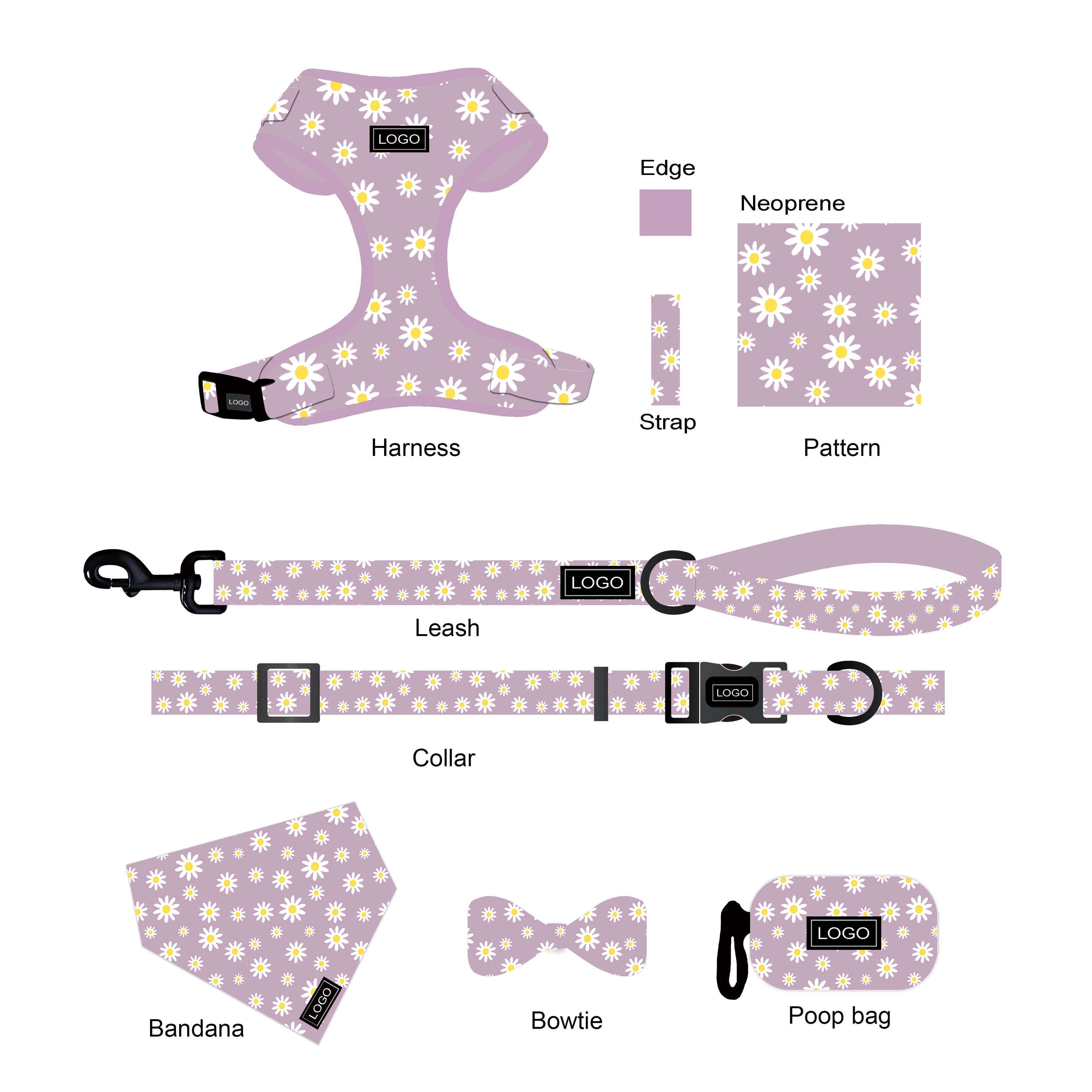 

Popular Custom Daisy Design Dog Harness Matching Collar Leash Bow Tie Bandana Set Neoprene Reversible Dog Harness Vest, Customized