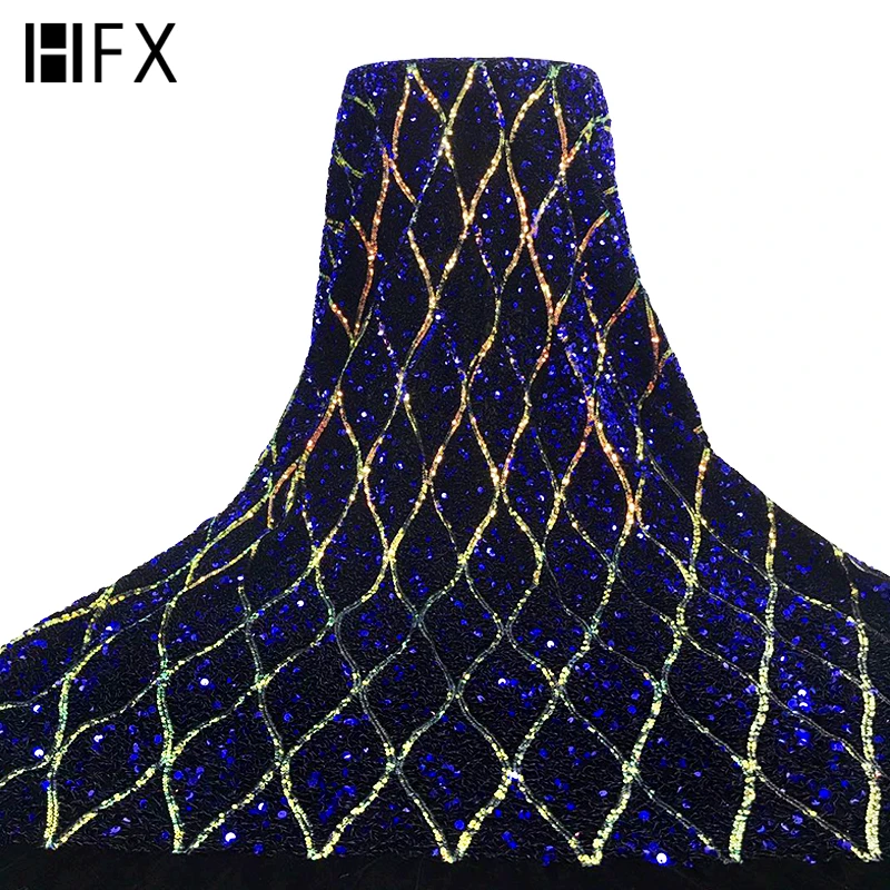 

HFX Latest 2020 Royal Blue Velvet Sequins Lace Fabric High Quality Nigerian French Net Lace Fabric For Wedding Dress, Colorful