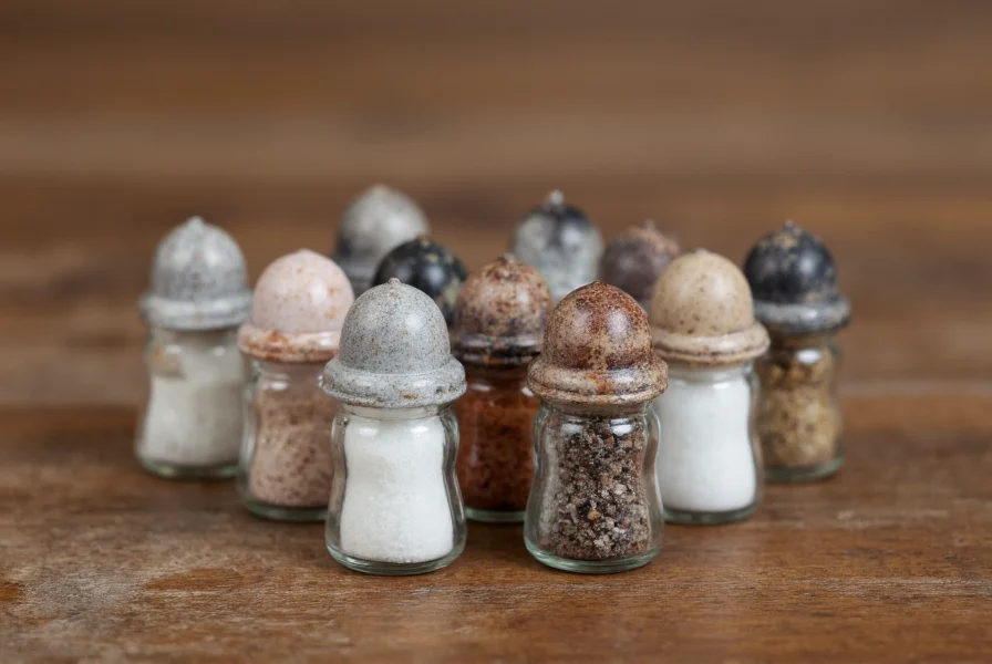 Close-up photography of various tiny salt and pepper shakers made from different materials arranged on a rustic wooden table