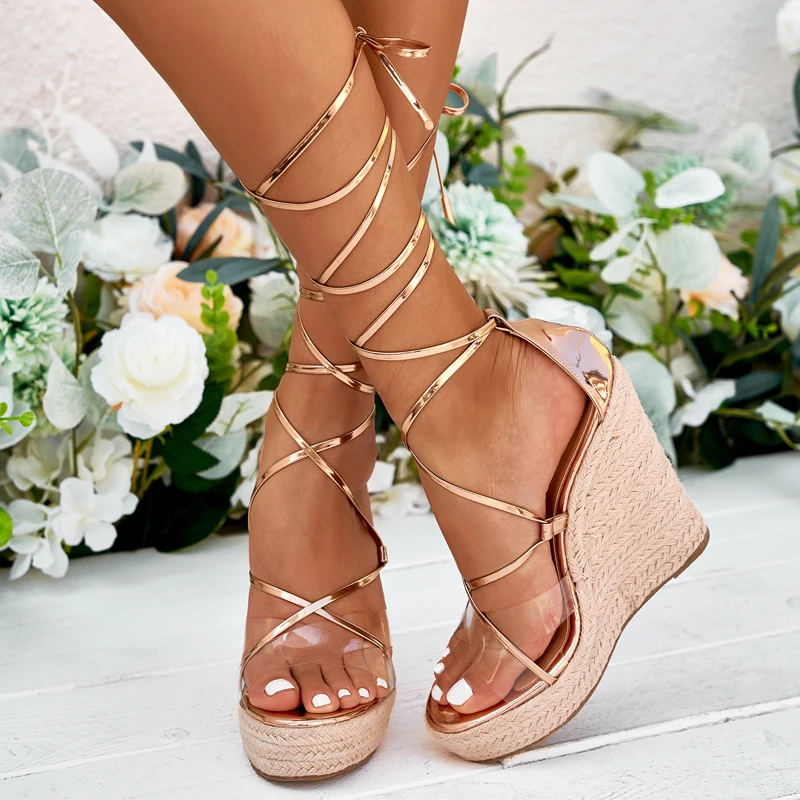 

Summer Straw Weave Platform Wedges PVC Transparent Sandals New Lace-Up High Heels Ankle Wrap Black Gold Women Party Shoe