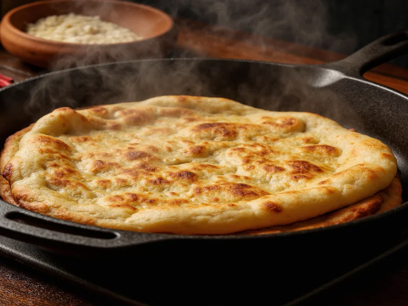 Golden homemade flatbreads cooking in cast-iron skillet with steam rising