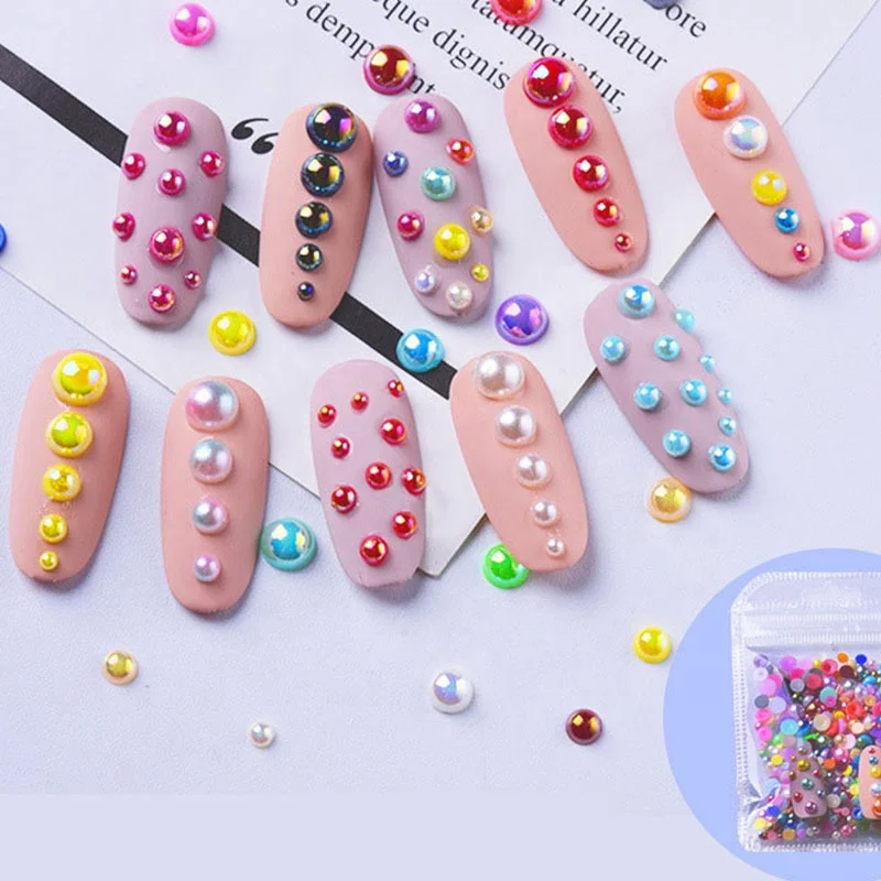 

Paso Sico Wholesale 1000pcs Flat Back Half Round Pearls Mixed Size Colorful AB Nail Art Decoration Non Hot Fix