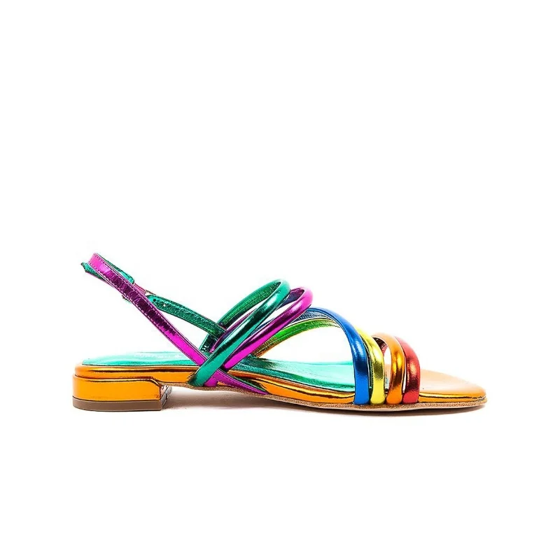 

Feature slender straps iridescent color flat women sandals shoes