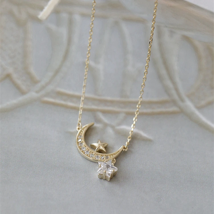 

Micro pave jewelry wholesale hollow star and moon 14K gold Plating necklace