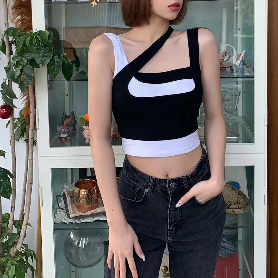 

Kliou K20B11287 Sexy summer splicing black and white collision color female navel vest fashion