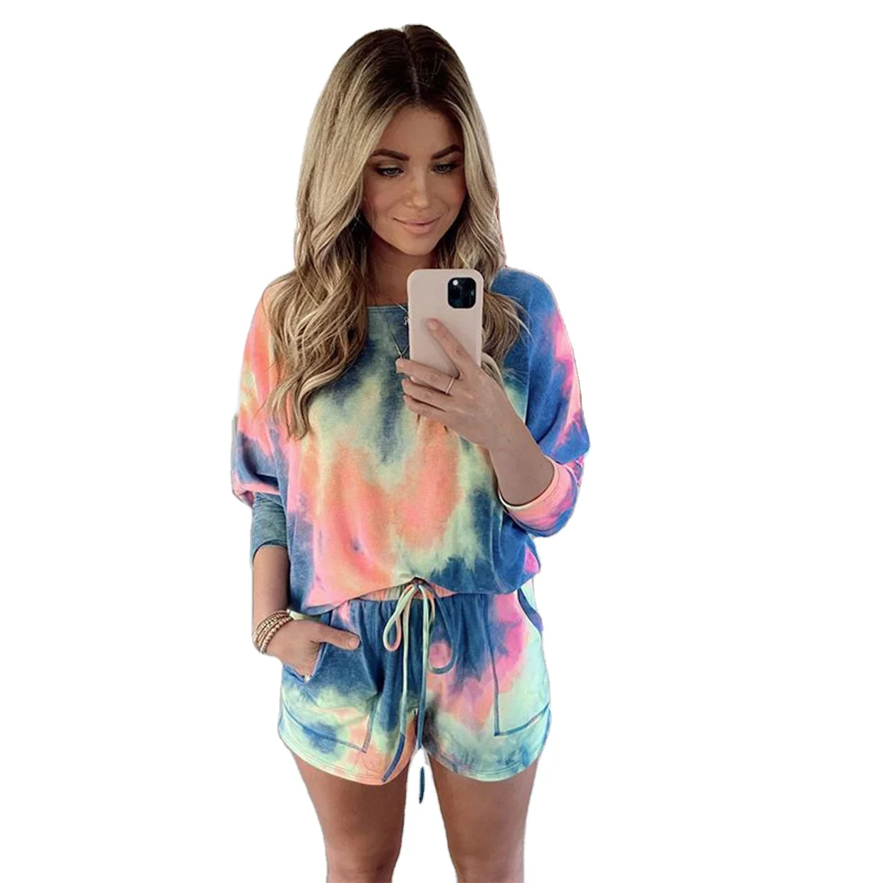 

Summer Women Casual Tie Dye 2 pieces Loose Long Sleeve Sweatshirt Tracksuit Set