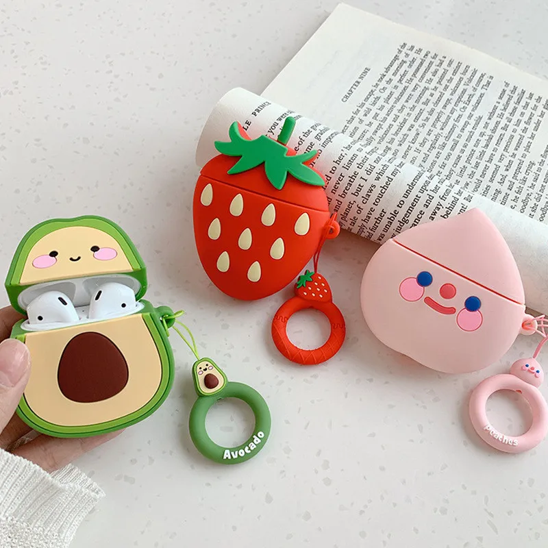 

Cartoon Lovely Cute 3D Fruit Avocado Strawberry Peach Pattern Cover With Hooks Soft Silicone Case for AirPods 1 2