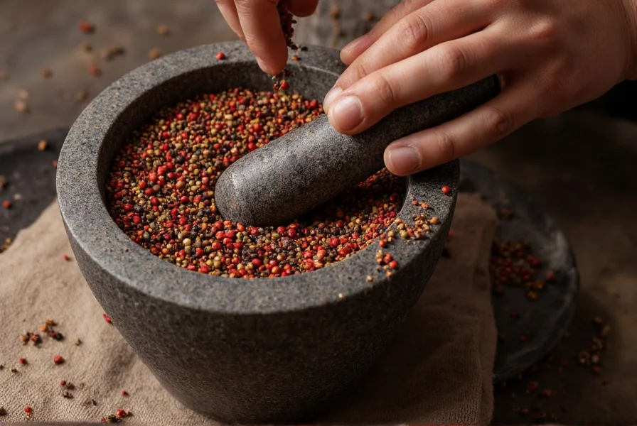 Chef grinding various peppercorns including Szechuan alternatives in mortar and pestle