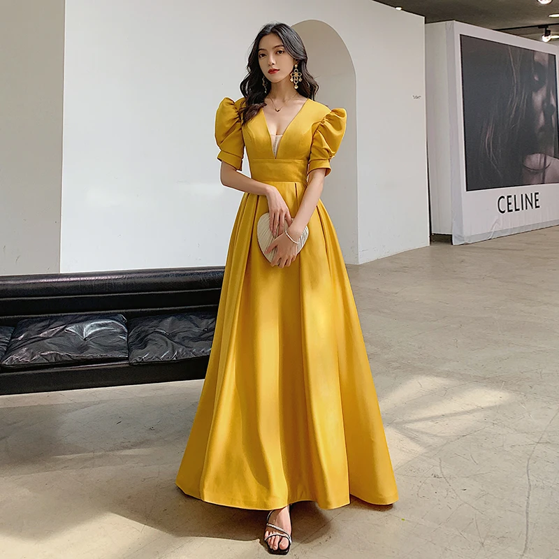 

Hot Sale 2021 New Summer Dress Vintage Court Style Puff Sleeve Elegant Long Dress for Women Solid Color Short Sleeved Dress, As shown