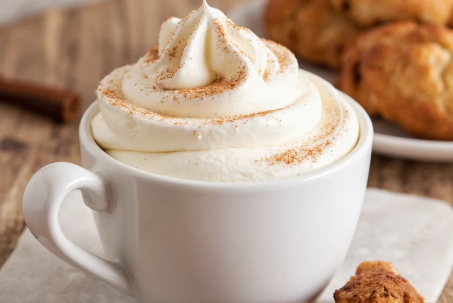 Step-by-step visual guide showing proper cinnamon whipped cream consistency at different whipping stages
