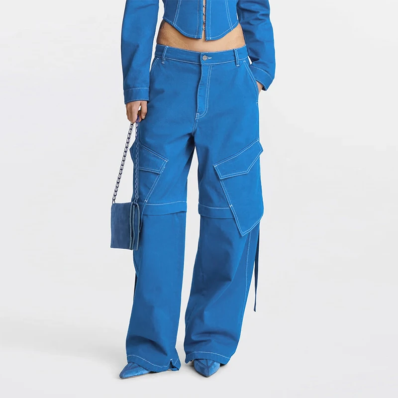 

TWOTWINSTYLE Streetwear High Waist Full Length Patchwork Pockets Pants Denim Jeans For Women 2023