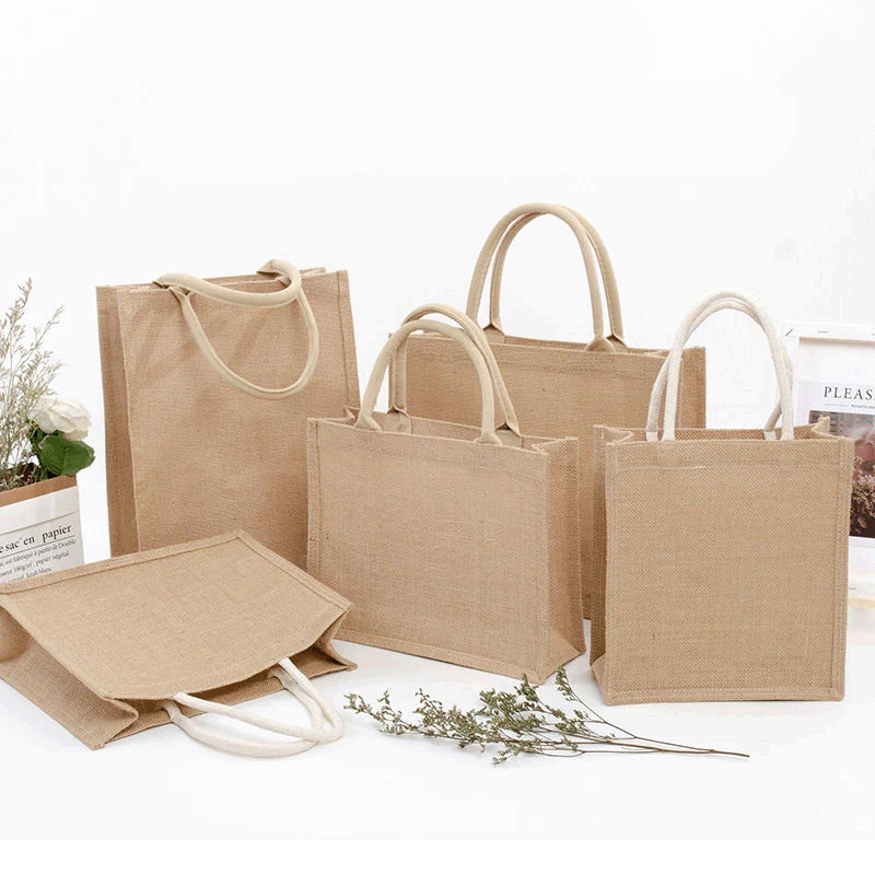 

Stock Burlap Jute Shopping Bag with Cotton Rope Handles Printing Custom Burlap Shopping Bag Hessian Hemp Carry Gift Bag, Natural, customizable