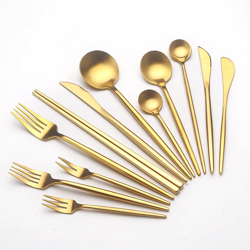 Portuguese Matte Gold Cutlery Set Spoons Forks And Knives Stainless Steel Silverware Matte Gold Flatware Set  For Wedding
