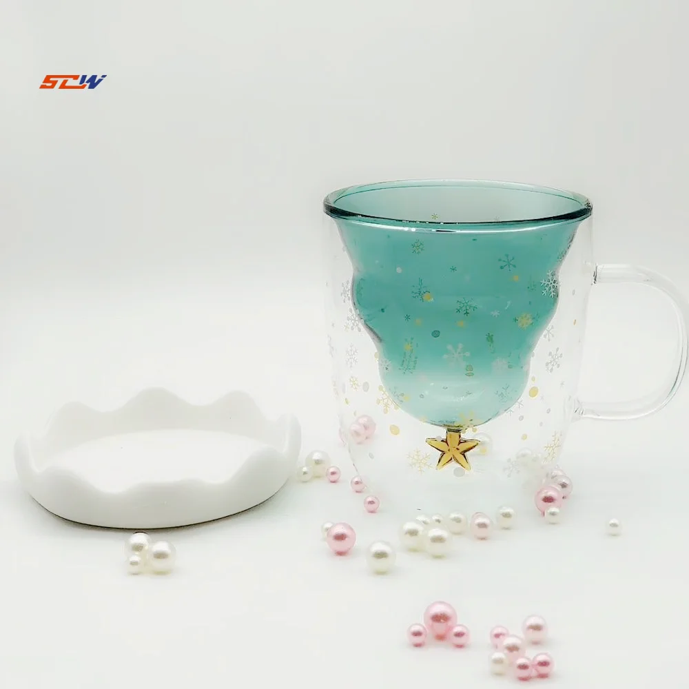 

Christmas Cup With Handle 300ml Elegant Design Double Wall Cup Coffee Glass Mug, Clear&green