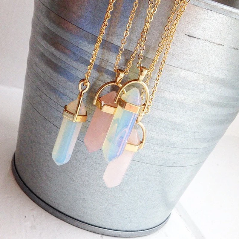 

Hot sale Hexagonal Column Quartz Necklaces Pendants Fashion Natural Stone Bullet Pink Crystal Pendant Necklace For Women Jewelry