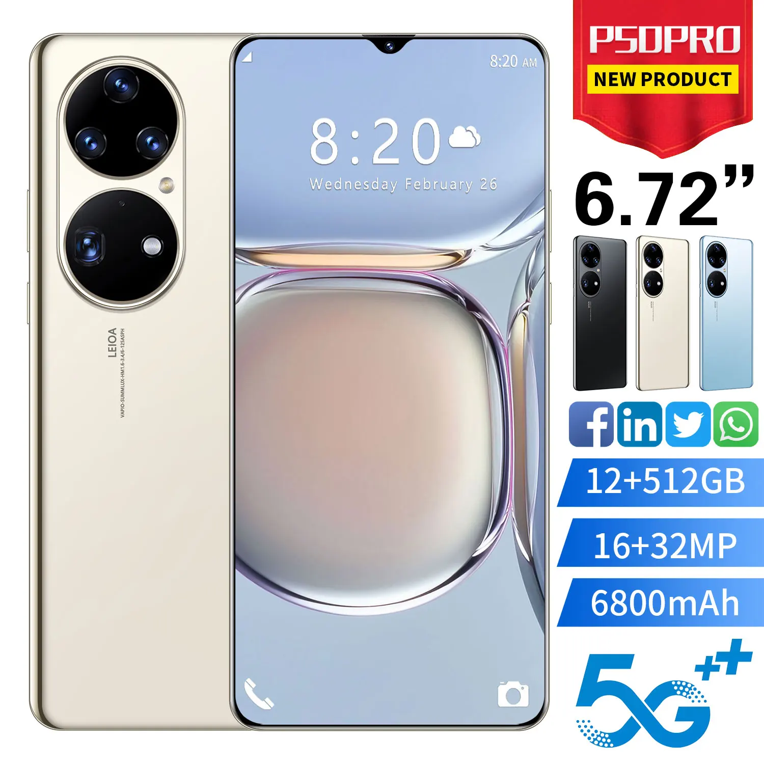 

New Arrival P50 PRO 6.7 inch 12GB+512GB 16MP+32MP Gaming Smart Phones Unlocked Android Cellphone, Black gold blue