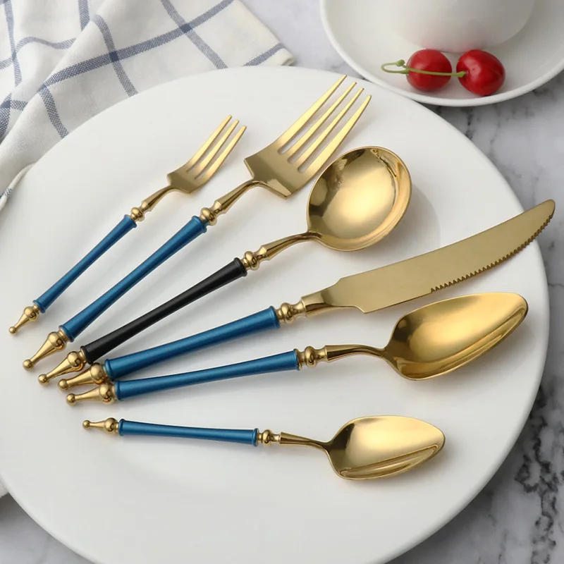 

Luxury Tableware 18/10 Hotel Matte Color Colored Handle Flatware Gold cutlery Set For Spoons Forks Knives, Gold/auqa