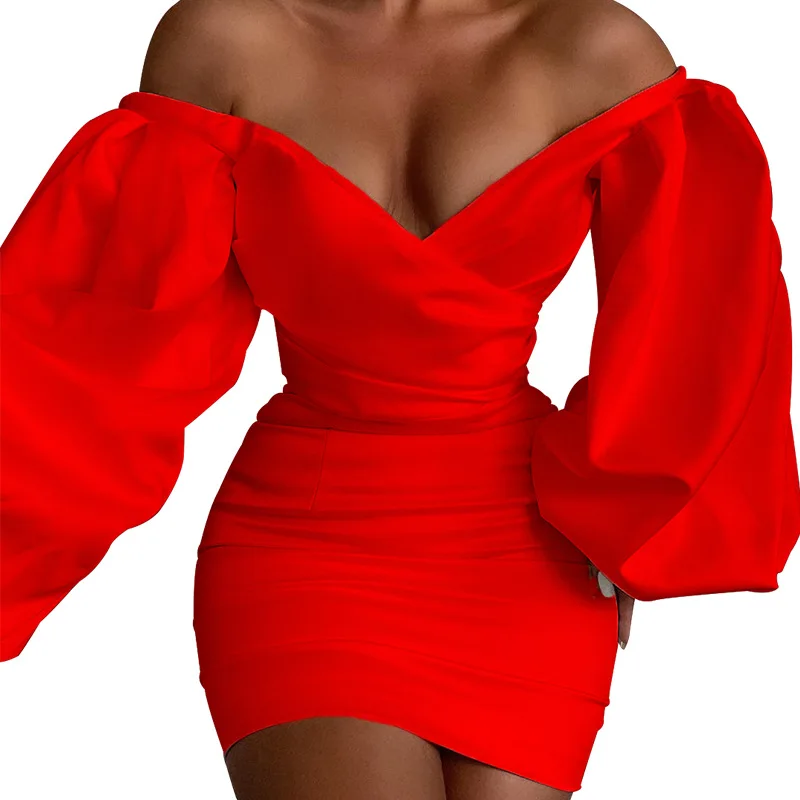 

Sexy Strapless Hip Dress Spring And Autumn New Solid Color Women'S Clothing V-Neck Casual Dress XQM