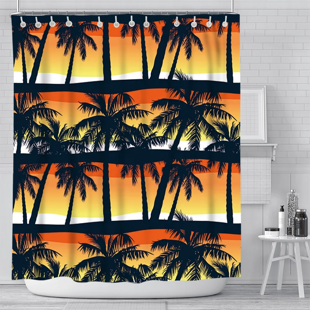 

hot sale Bathroom Custom Printed Polyester Waterproof palm tree Shower Curtain with Hooks bath mat set