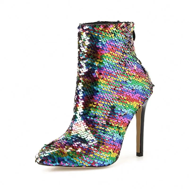 

Fashionable Western Glistening Shiny Sequin Thin Womens Ankle High Heel Boots, Picture shown