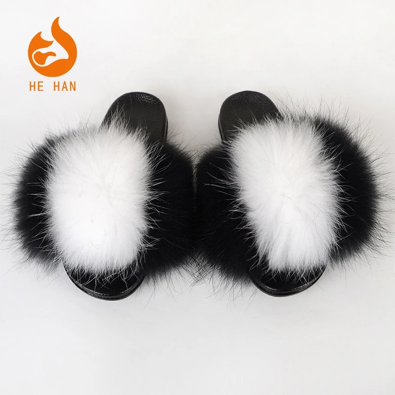 

wholesale indoor women real raccoon mink fur slides sandals slippers with custom