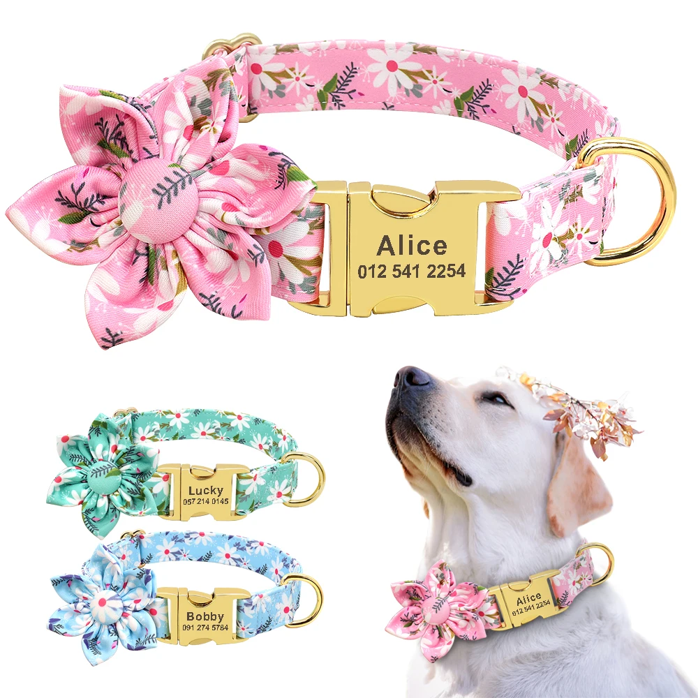 

Floral Custom Dog Collar Nylon Flower Printed Pet Dog Collars Personalized Pet Collars for Small Medium Large Girl Dogs