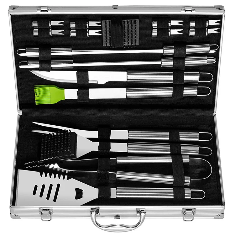 

Amazon's best-selling stainless steel 20-piece aluminum box grill set, fork, shovel, and non-stick barbecue tool set, Silver