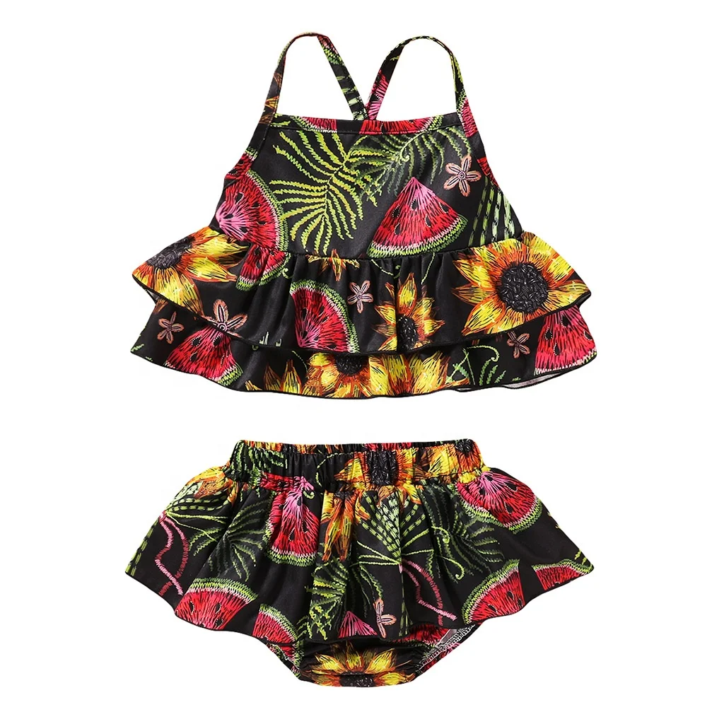 

China Manufacturer Hot Sale Tropical Summer Beach Wear Black Watermelon Pattern Sleeveless Baby Girl Clothing 2pcs Set