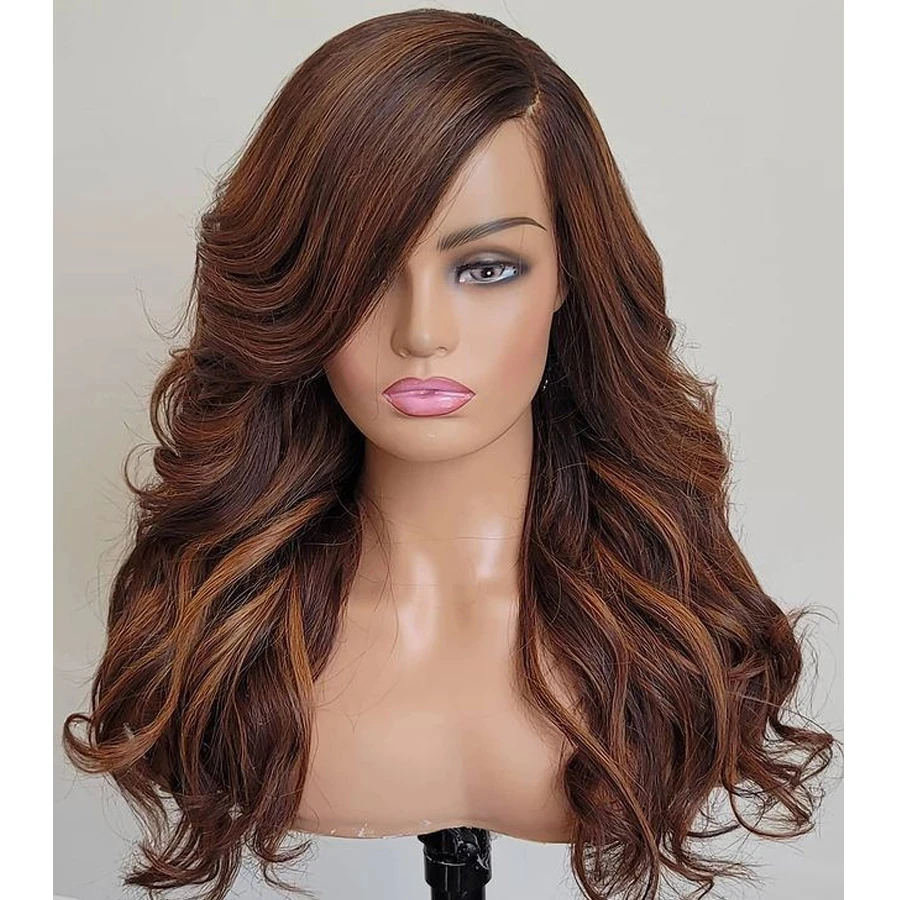 

250Density PrePlucked 13x3 Lace Front Human Hair Wigs with Baby Hair Glueless Wavy Reddish Brown Highlight Remy Bleached Knots