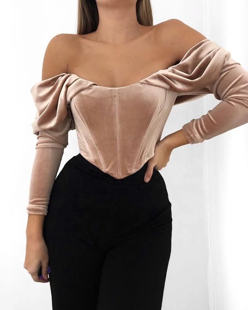 B62167A Hot style autumn/winter 2019 velvet off-the-shoulder ruffled long-sleeved blouse and T-shirt