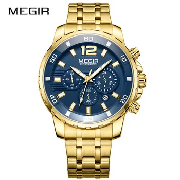 Megir Men's Gold Stainless Steel Quartz Watches Business Chronograph Analgue Wristwatch for Man Waterproof Luminous 2068